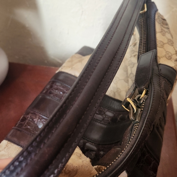 Gucci Beige Canvas Brown Leather Crocodile Secret Hobo - Picture 3 of 14